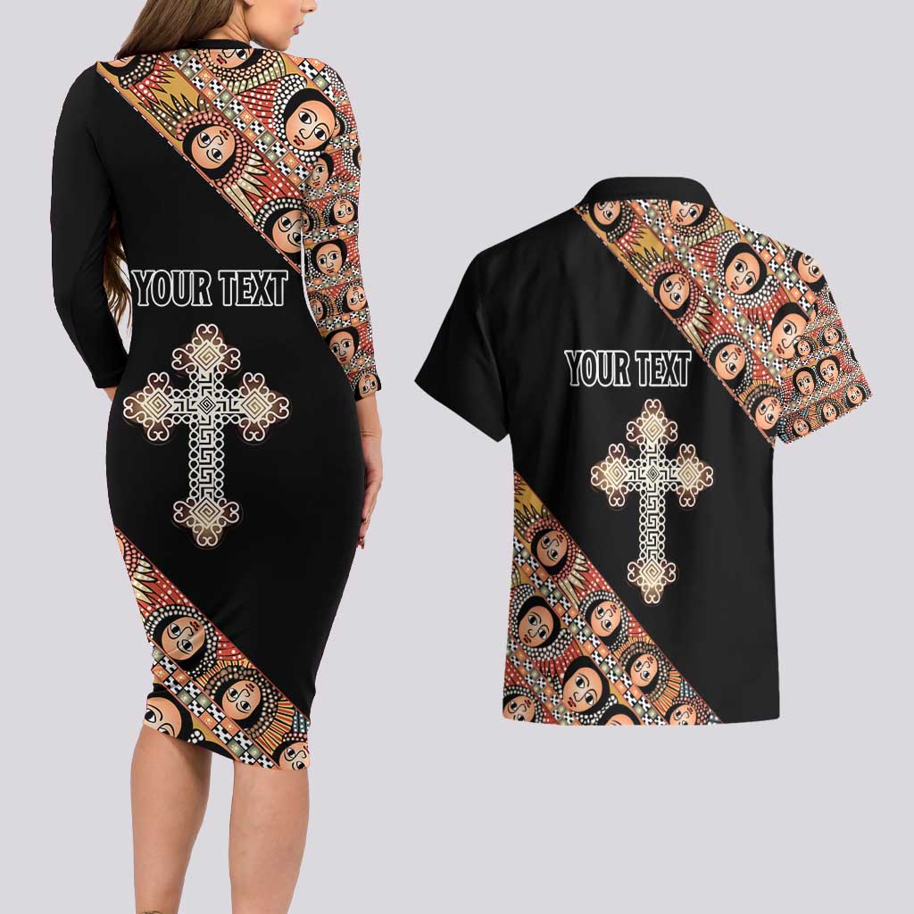 Personalized Ethiopian Orthodox Church Angel Couples Matching Long Sleeve Bodycon Dress and Hawaiian Shirt Black Color