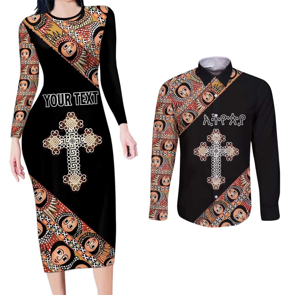 Personalized Ethiopian Orthodox Church Angel Couples Matching Long Sleeve Bodycon Dress and Long Sleeve Button Shirt Black Color