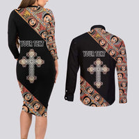 Personalized Ethiopian Orthodox Church Angel Couples Matching Long Sleeve Bodycon Dress and Long Sleeve Button Shirt Black Color