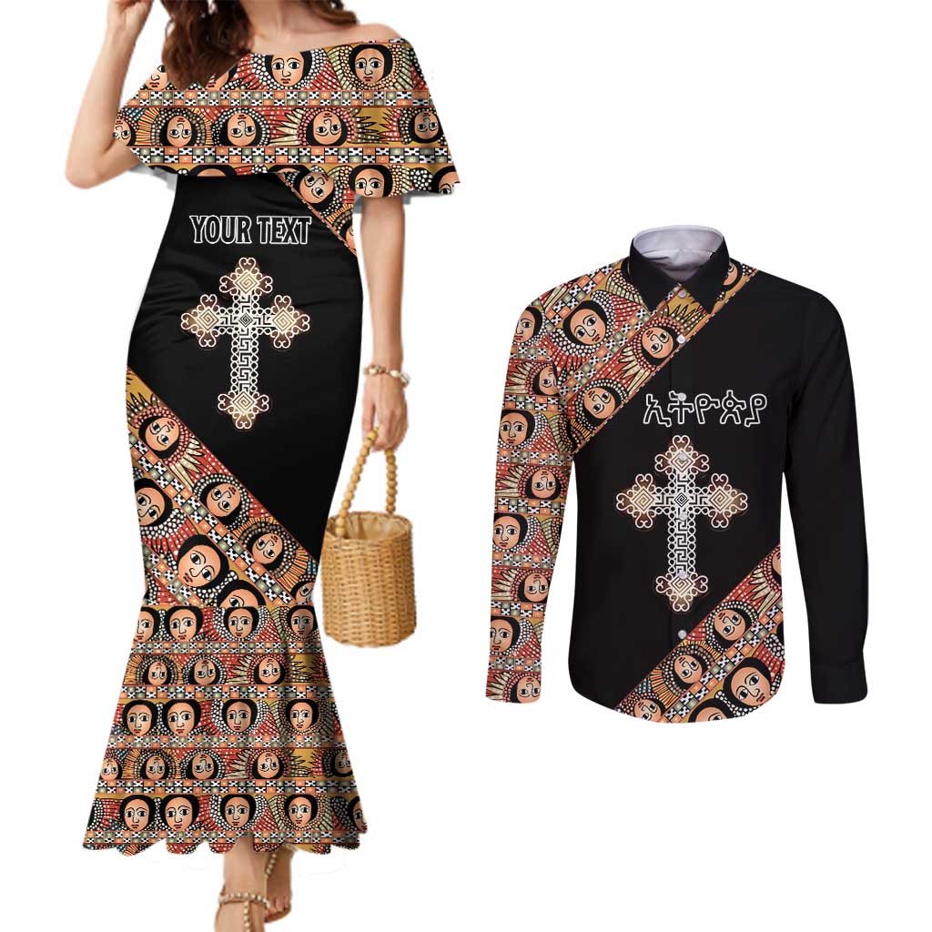 Personalized Ethiopian Orthodox Church Angel Couples Matching Mermaid Dress and Long Sleeve Button Shirt Black Color