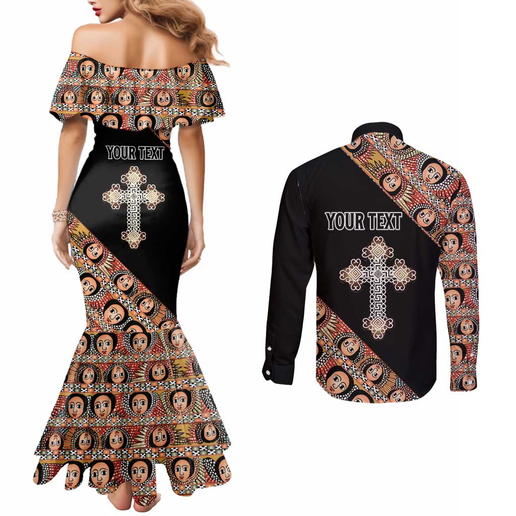 Personalized Ethiopian Orthodox Church Angel Couples Matching Mermaid Dress and Long Sleeve Button Shirt Black Color