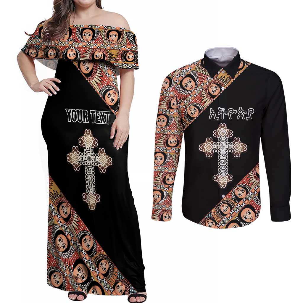 Personalized Ethiopian Orthodox Church Angel Couples Matching Off Shoulder Maxi Dress and Long Sleeve Button Shirt Black Color