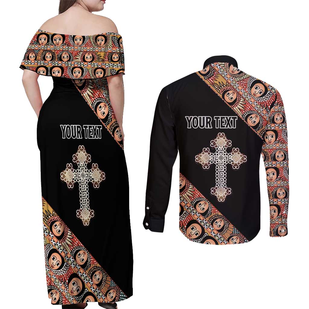 Personalized Ethiopian Orthodox Church Angel Couples Matching Off Shoulder Maxi Dress and Long Sleeve Button Shirt Black Color