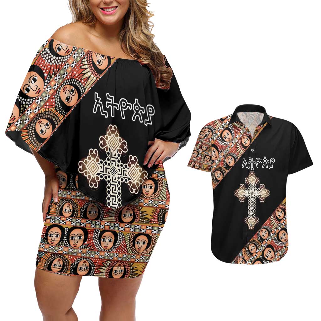 Personalized Ethiopian Orthodox Church Angel Couples Matching Off Shoulder Short Dress and Hawaiian Shirt Black Color