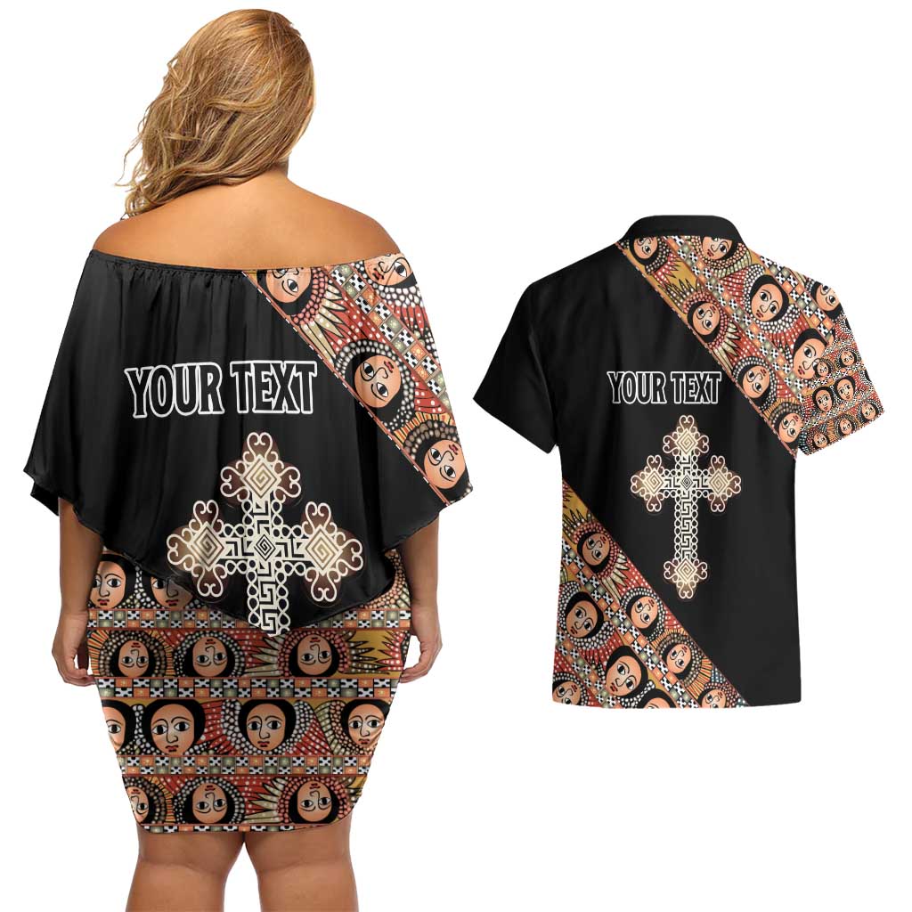 Personalized Ethiopian Orthodox Church Angel Couples Matching Off Shoulder Short Dress and Hawaiian Shirt Black Color