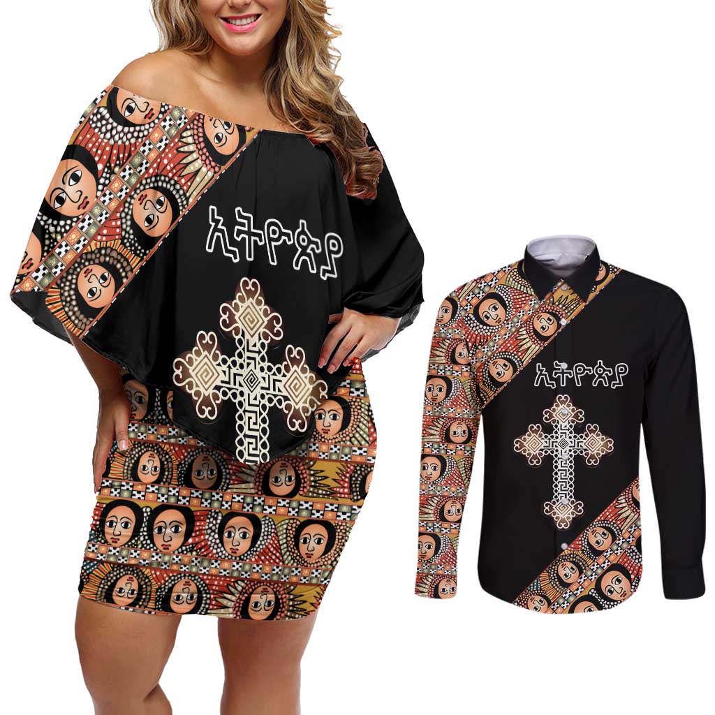 Personalized Ethiopian Orthodox Church Angel Couples Matching Off Shoulder Short Dress and Long Sleeve Button Shirt Black Color