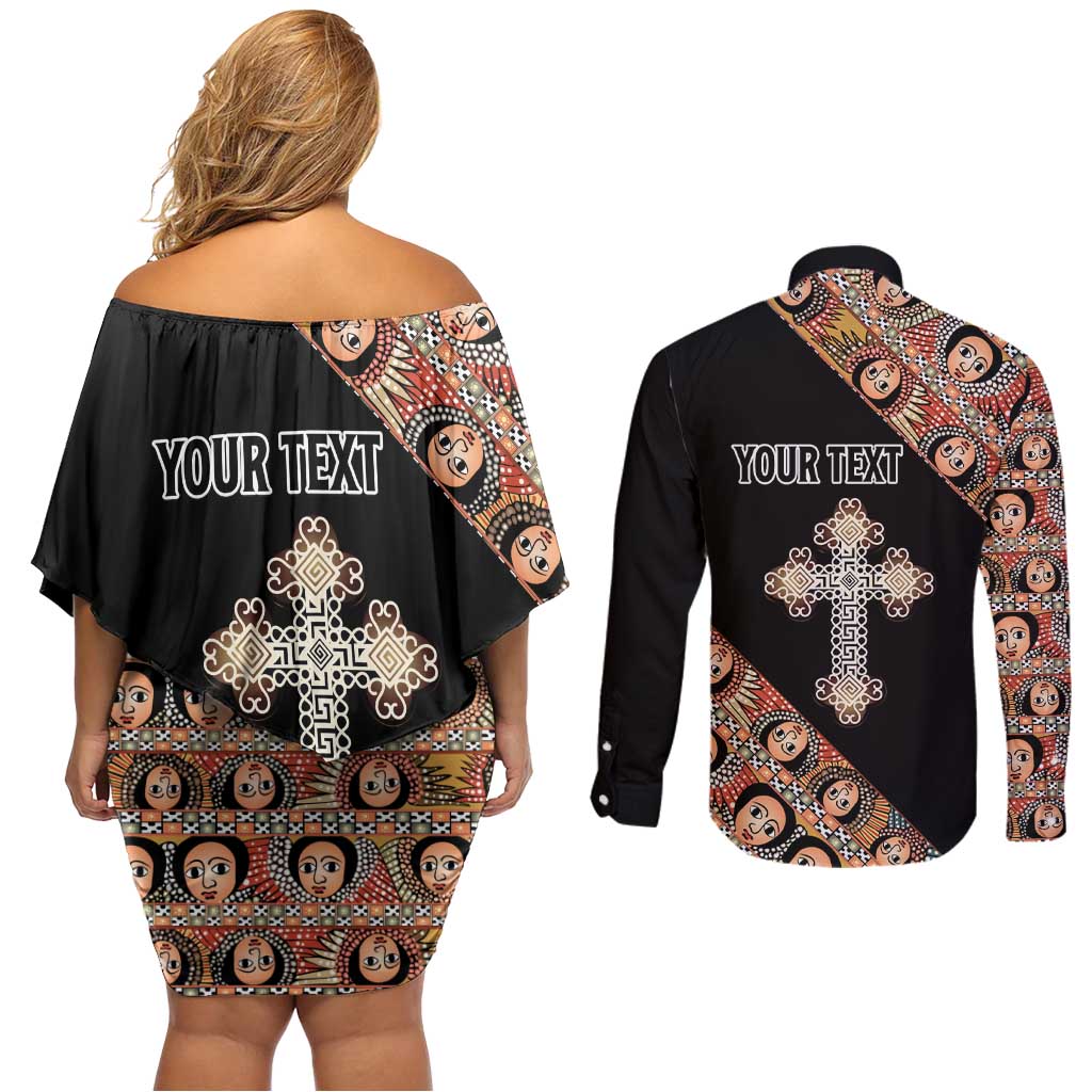 Personalized Ethiopian Orthodox Church Angel Couples Matching Off Shoulder Short Dress and Long Sleeve Button Shirt Black Color