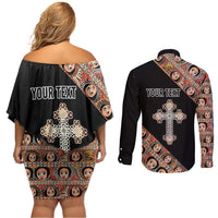 Personalized Ethiopian Orthodox Church Angel Couples Matching Off Shoulder Short Dress and Long Sleeve Button Shirt Black Color