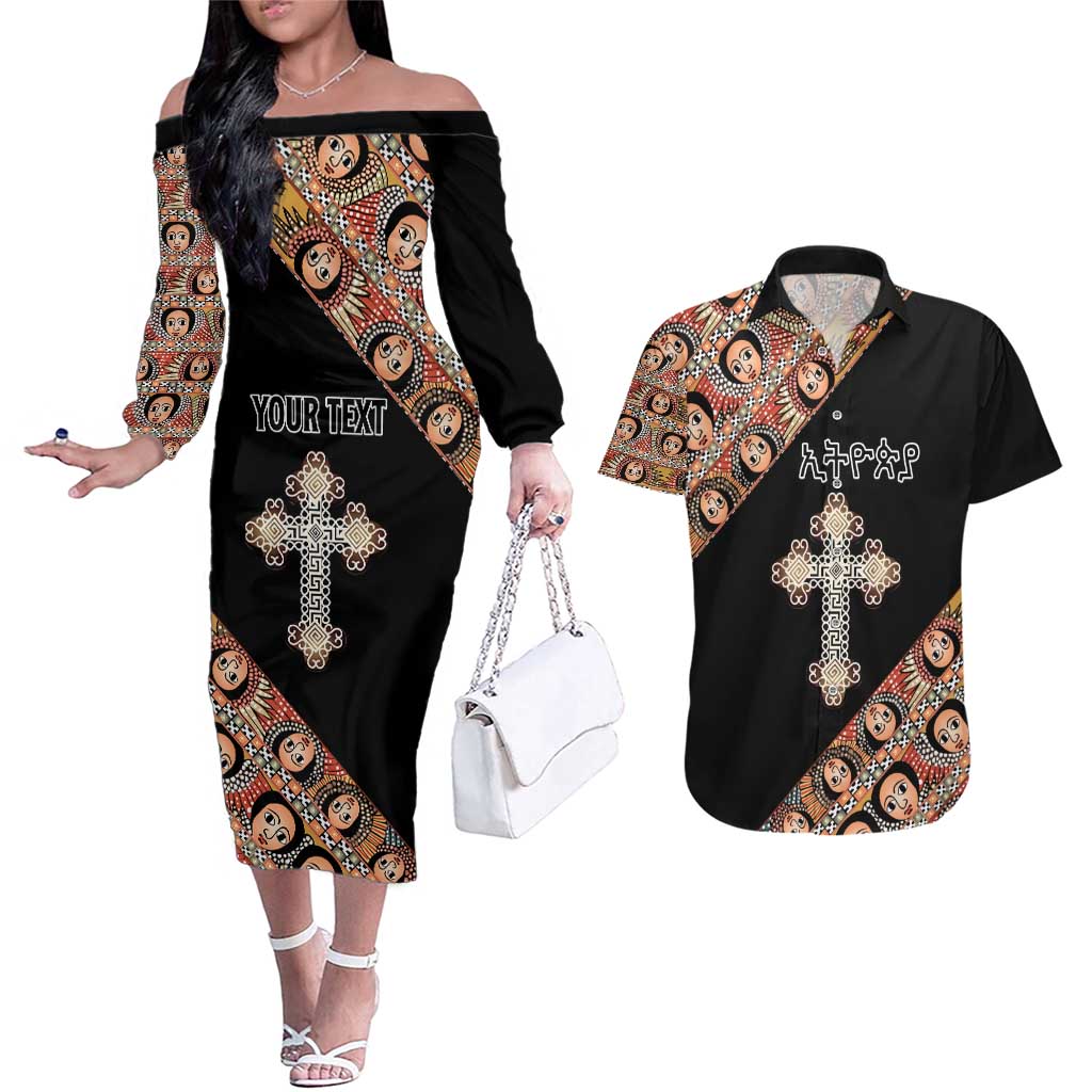 Personalized Ethiopian Orthodox Church Angel Couples Matching Off The Shoulder Long Sleeve Dress and Hawaiian Shirt Black Color