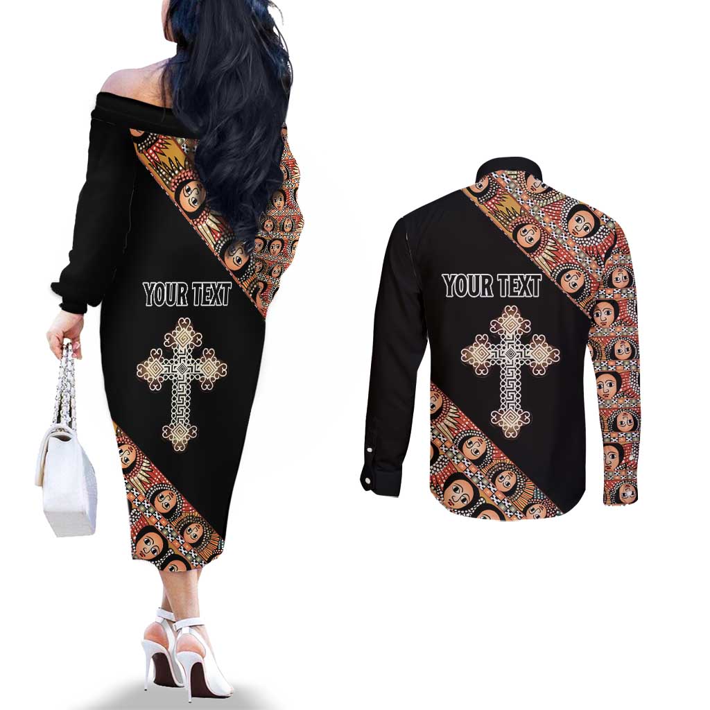 Personalized Ethiopian Orthodox Church Angel Couples Matching Off The Shoulder Long Sleeve Dress and Long Sleeve Button Shirt Black Color