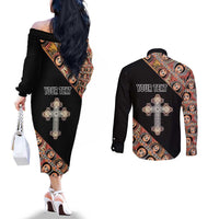 Personalized Ethiopian Orthodox Church Angel Couples Matching Off The Shoulder Long Sleeve Dress and Long Sleeve Button Shirt Black Color