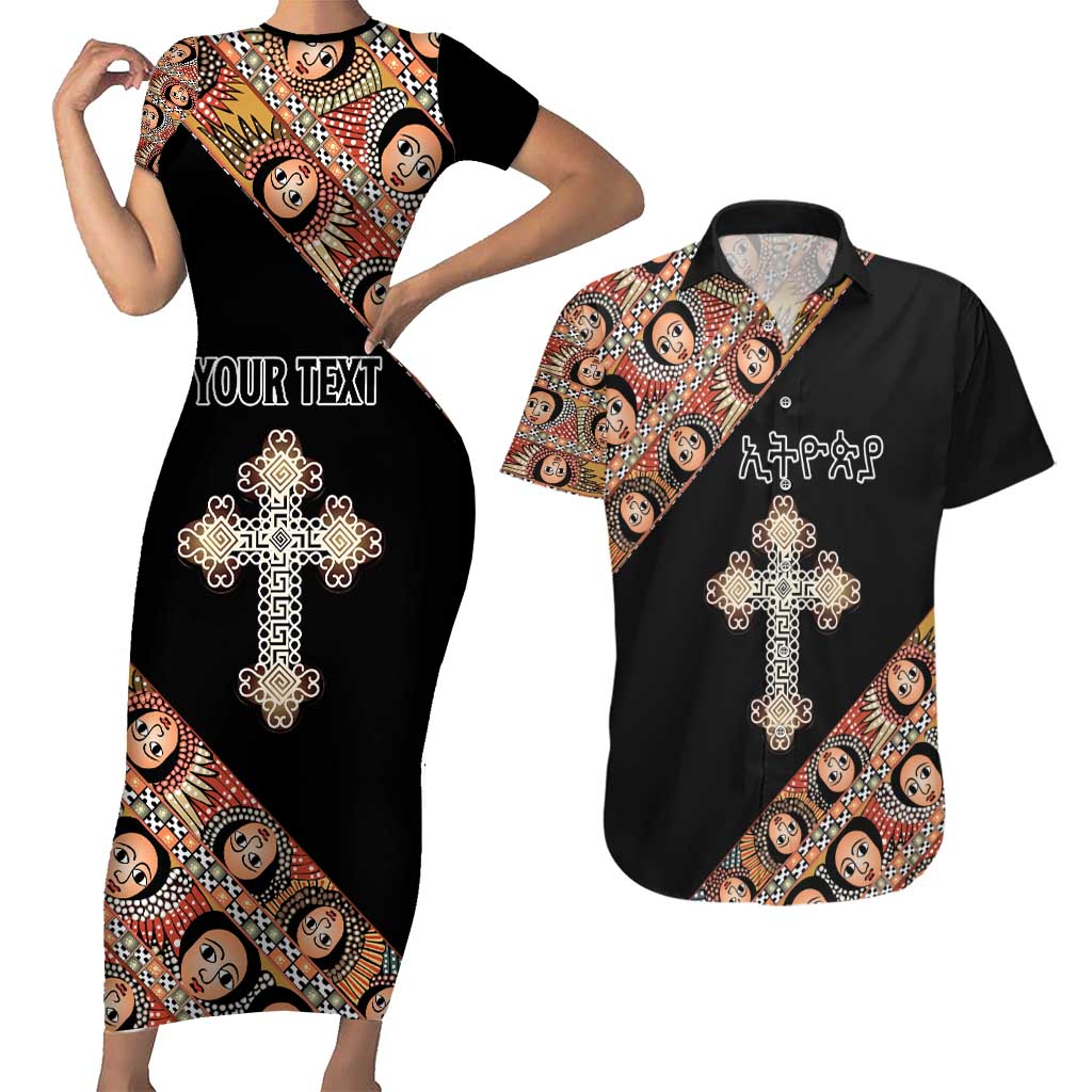 Personalized Ethiopian Orthodox Church Angel Couples Matching Short Sleeve Bodycon Dress and Hawaiian Shirt Black Color