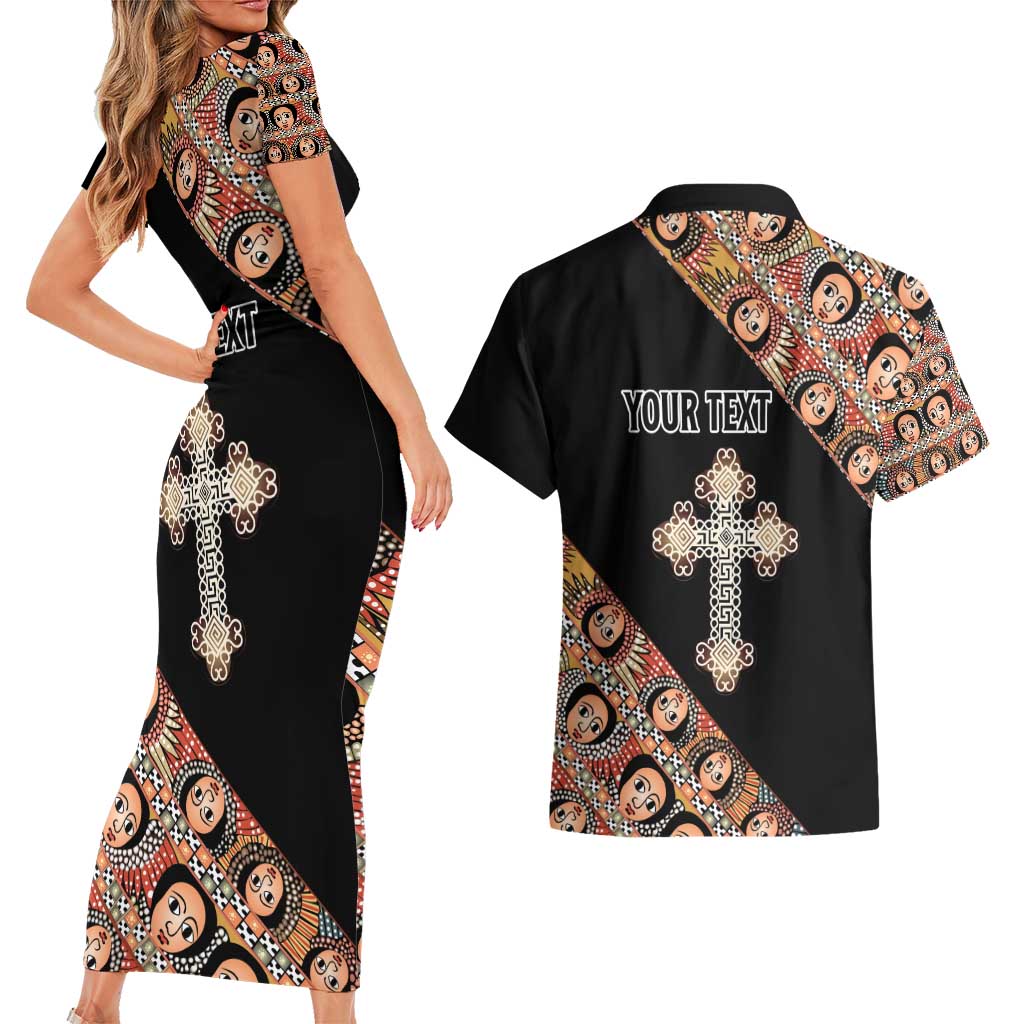 Personalized Ethiopian Orthodox Church Angel Couples Matching Short Sleeve Bodycon Dress and Hawaiian Shirt Black Color