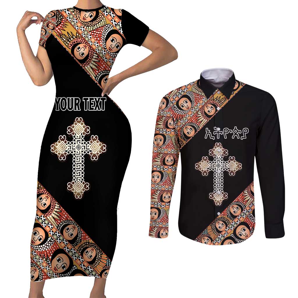 Personalized Ethiopian Orthodox Church Angel Couples Matching Short Sleeve Bodycon Dress and Long Sleeve Button Shirt Black Color