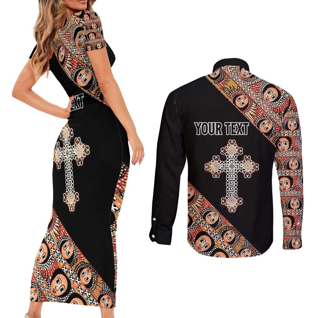 Personalized Ethiopian Orthodox Church Angel Couples Matching Short Sleeve Bodycon Dress and Long Sleeve Button Shirt Black Color