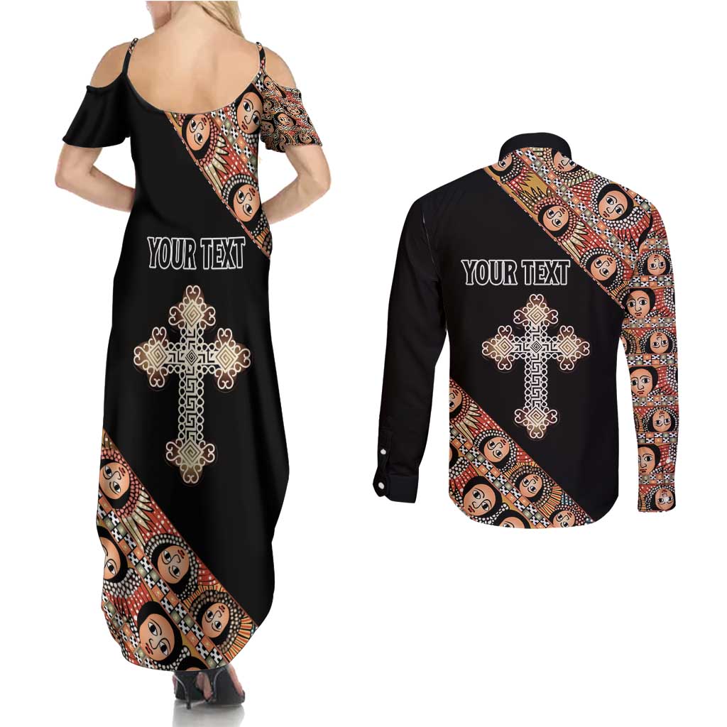 Personalized Ethiopian Orthodox Church Angel Couples Matching Summer Maxi Dress and Long Sleeve Button Shirt Black Color