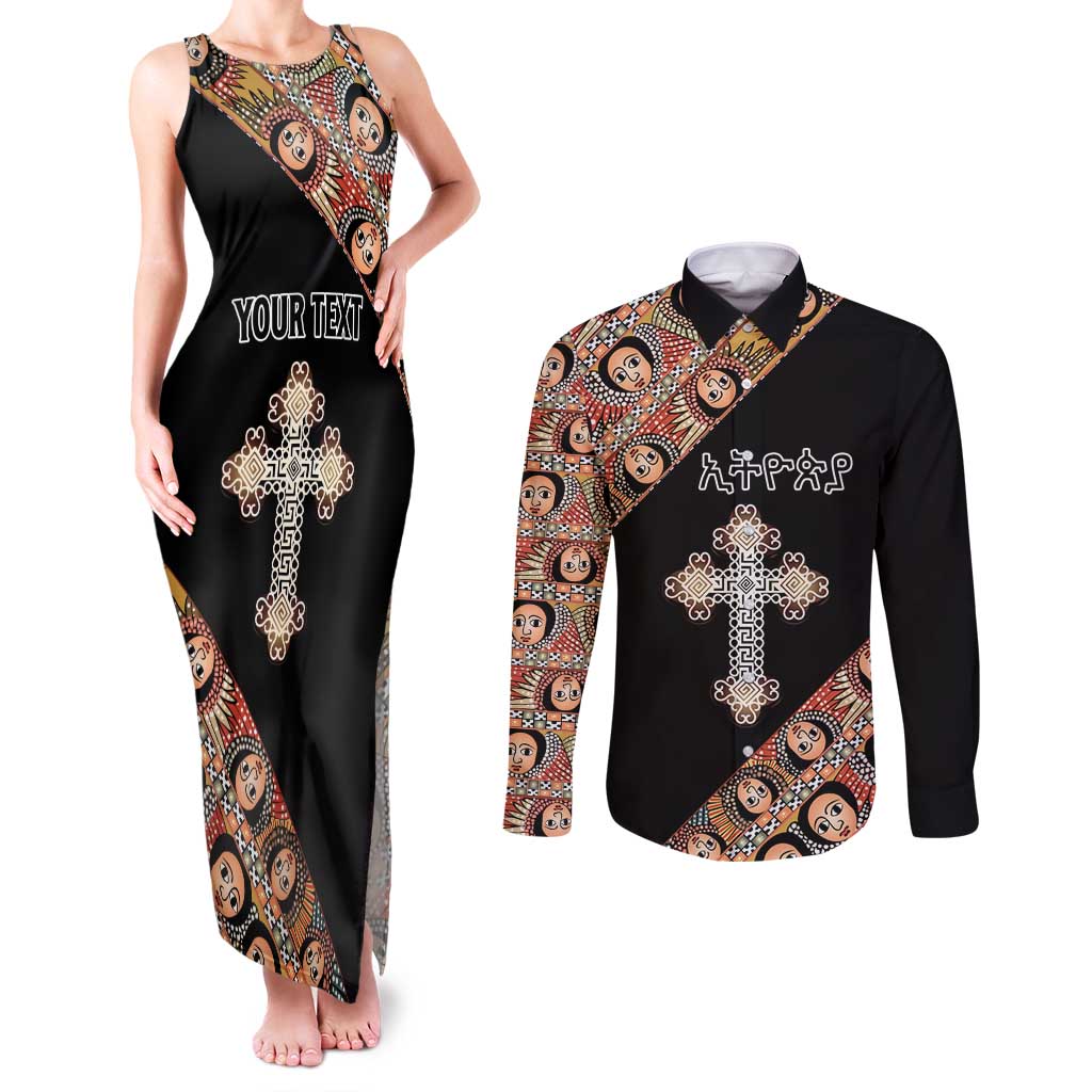 Personalized Ethiopian Orthodox Church Angel Couples Matching Tank Maxi Dress and Long Sleeve Button Shirt Black Color