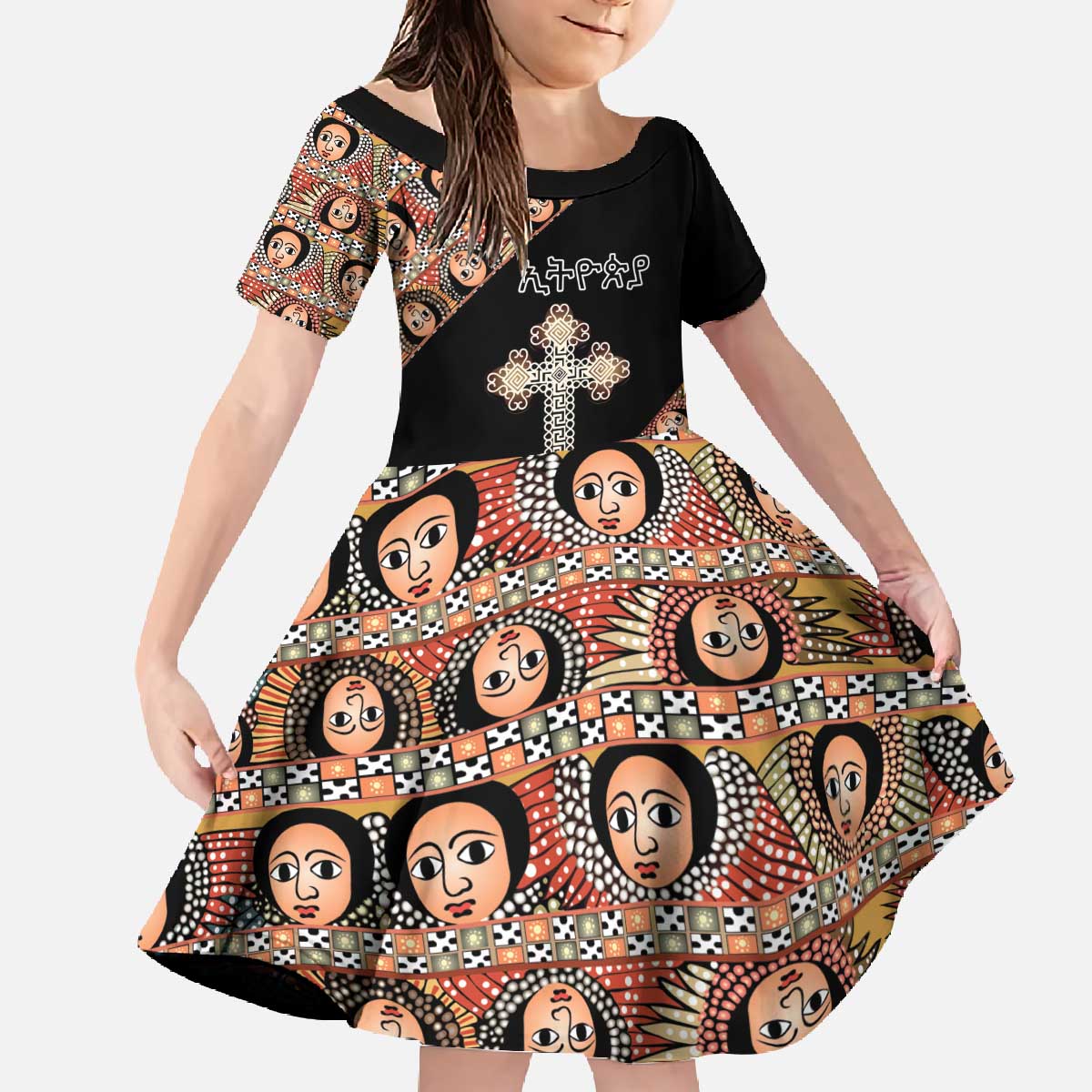Personalized Ethiopian Orthodox Church Angel Family Matching Off The Shoulder Long Sleeve Dress and Hawaiian Shirt Black Color