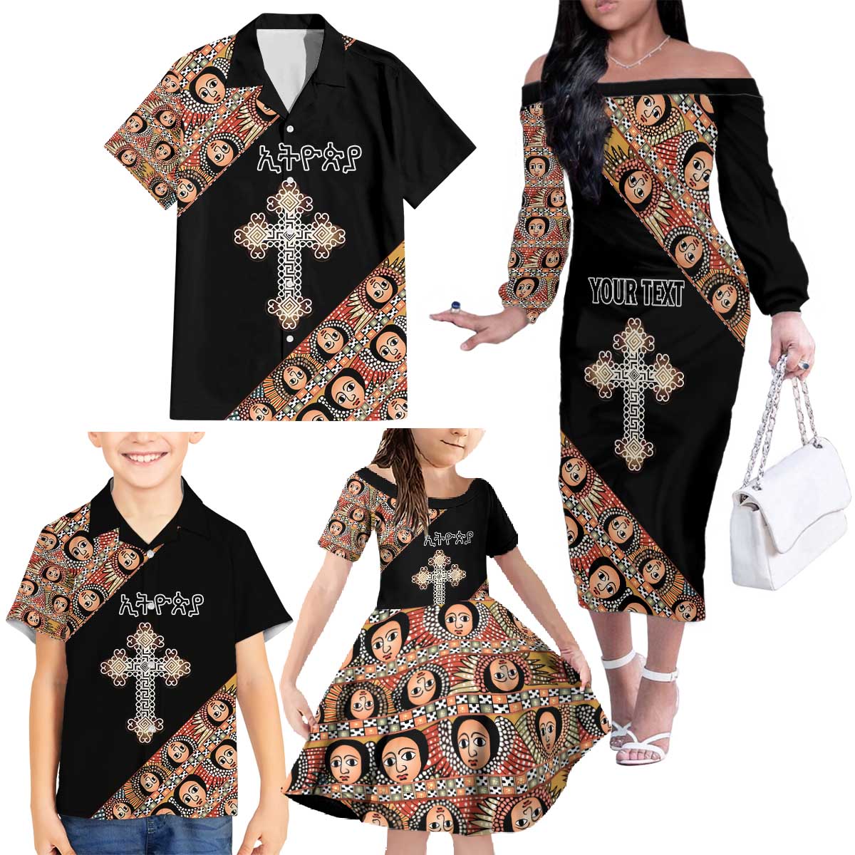 Personalized Ethiopian Orthodox Church Angel Family Matching Off The Shoulder Long Sleeve Dress and Hawaiian Shirt Black Color