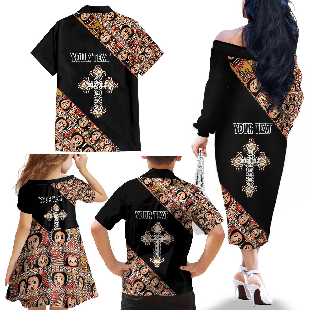 Personalized Ethiopian Orthodox Church Angel Family Matching Off The Shoulder Long Sleeve Dress and Hawaiian Shirt Black Color