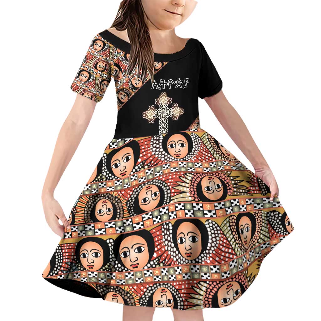 Personalized Ethiopian Orthodox Church Angel Family Matching Off Shoulder Short Dress and Hawaiian Shirt Black Color