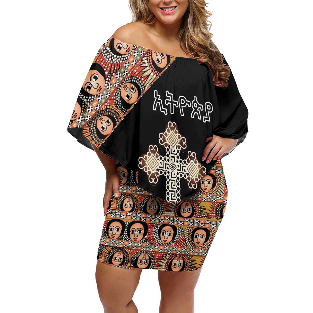 Personalized Ethiopian Orthodox Church Angel Family Matching Off Shoulder Short Dress and Hawaiian Shirt Black Color