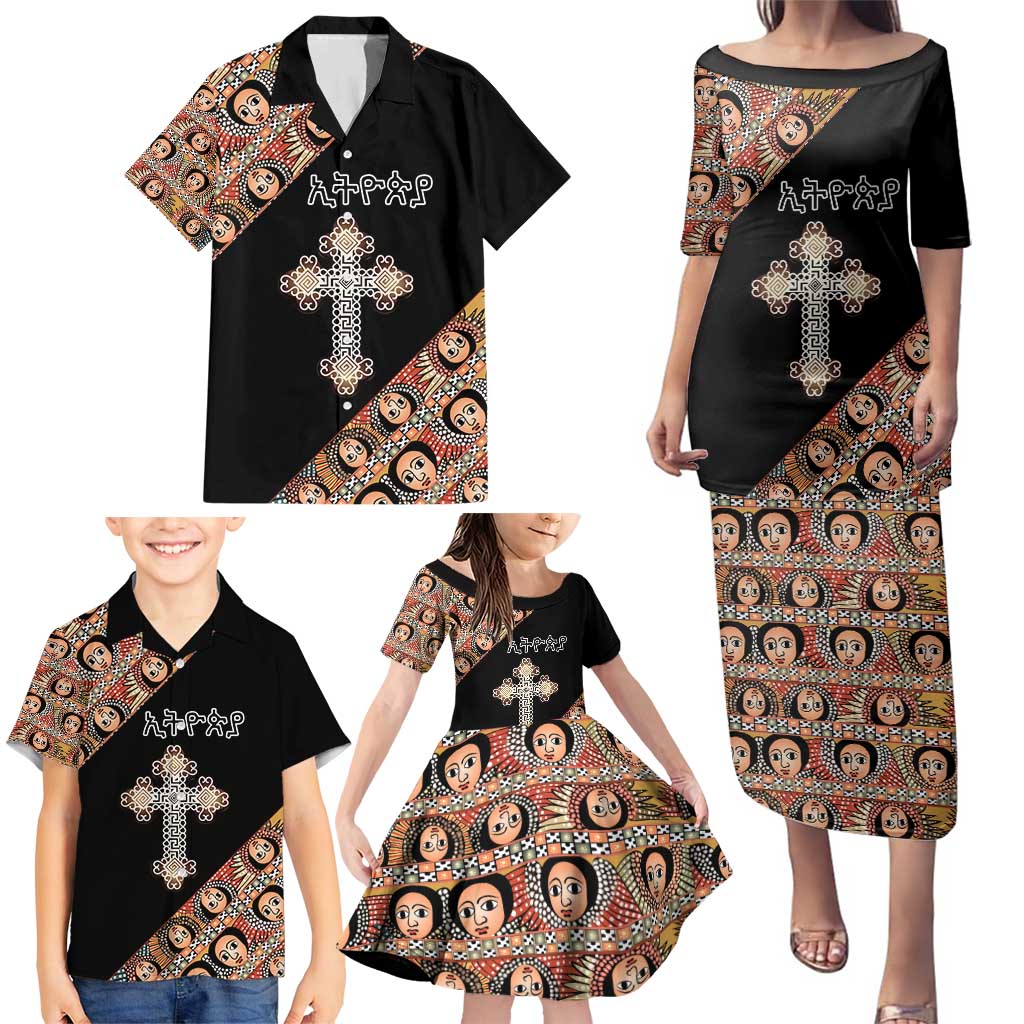 Personalized Ethiopian Orthodox Church Angel Family Matching Puletasi and Hawaiian Shirt Black Color