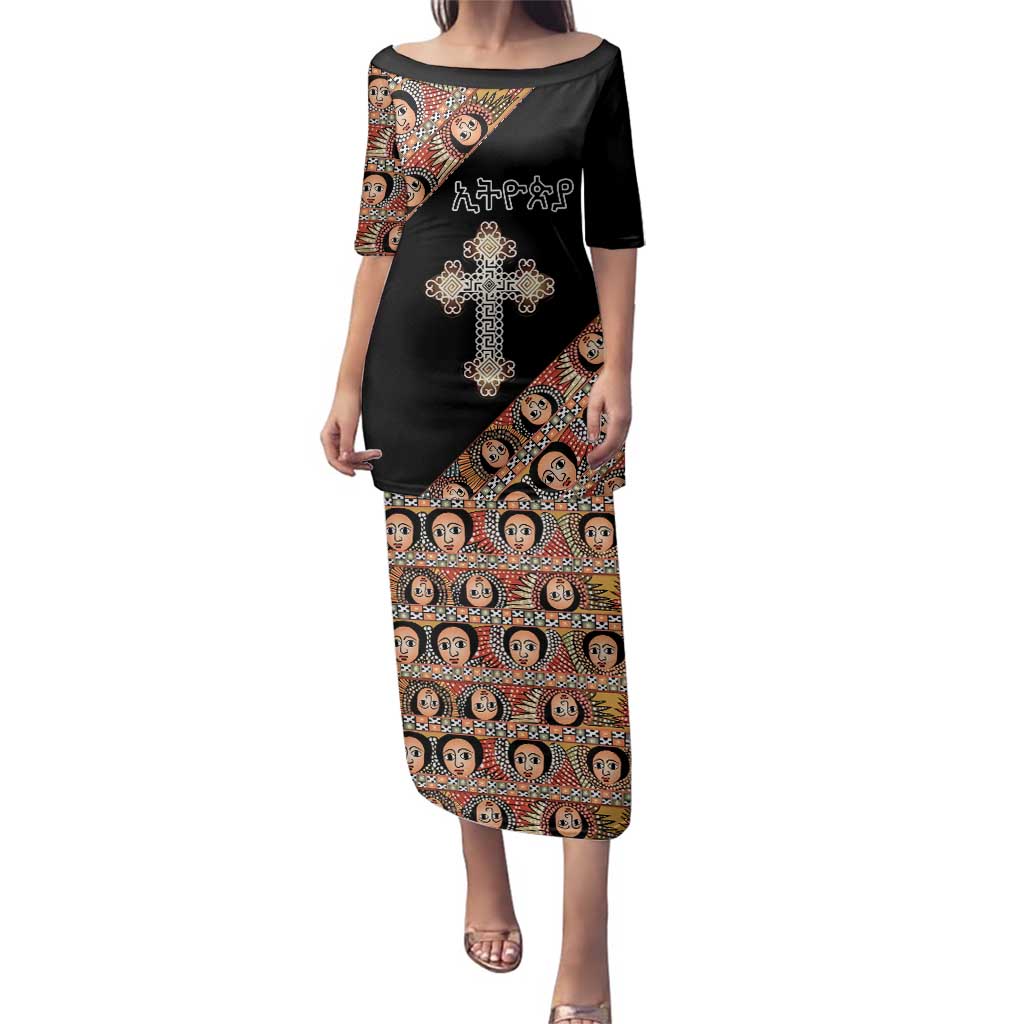 Personalized Ethiopian Orthodox Church Angel Family Matching Puletasi and Hawaiian Shirt Black Color