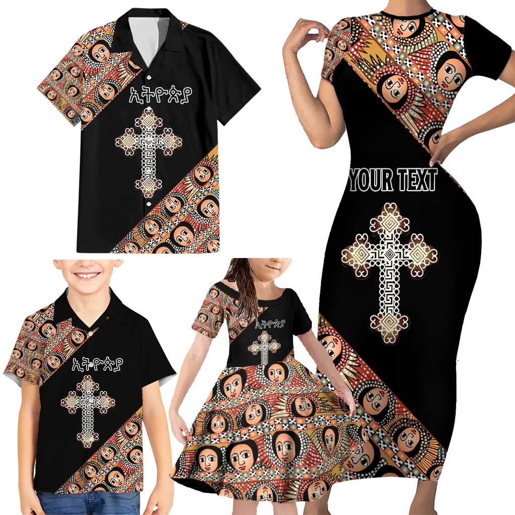 Personalized Ethiopian Orthodox Church Angel Family Matching Short Sleeve Bodycon Dress and Hawaiian Shirt Black Color
