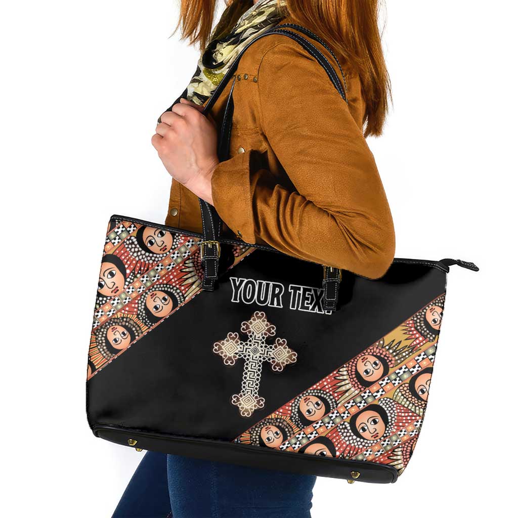 Personalized Ethiopian Orthodox Church Angel Leather Tote Bag Black Color
