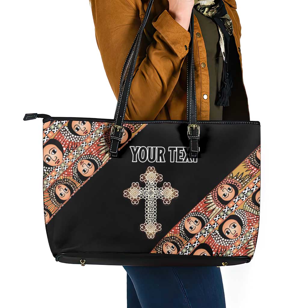 Personalized Ethiopian Orthodox Church Angel Leather Tote Bag Black Color