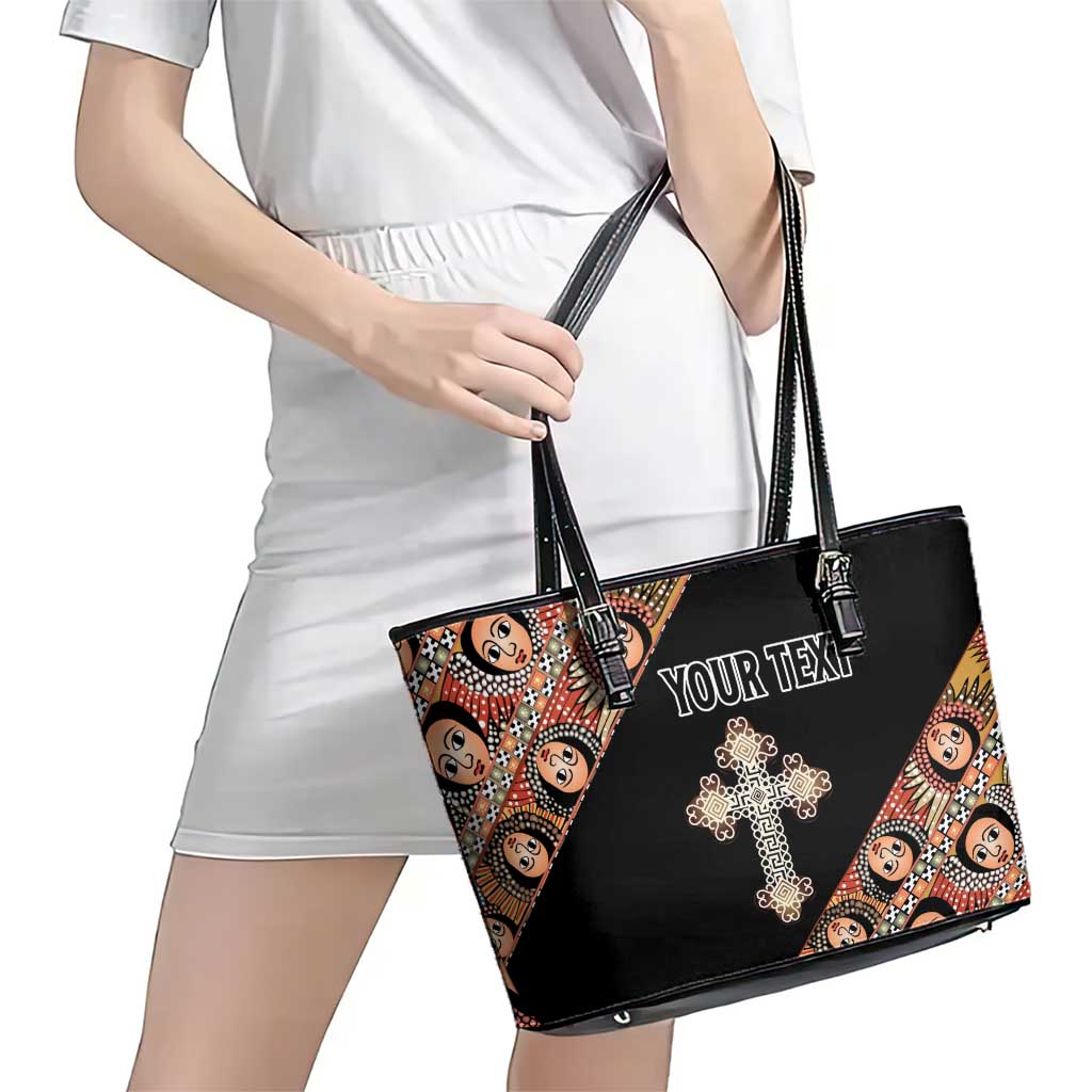 Personalized Ethiopian Orthodox Church Angel Leather Tote Bag Black Color