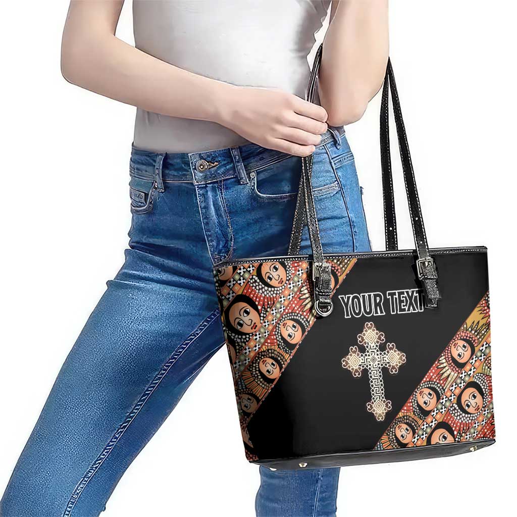 Personalized Ethiopian Orthodox Church Angel Leather Tote Bag Black Color