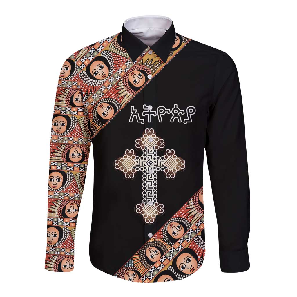 Personalized Ethiopian Orthodox Church Angel Long Sleeve Button Shirt Black Color