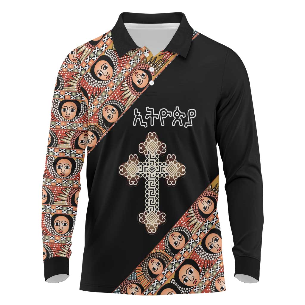 Personalized Ethiopian Orthodox Church Angel Long Sleeve Polo Shirt Black Color
