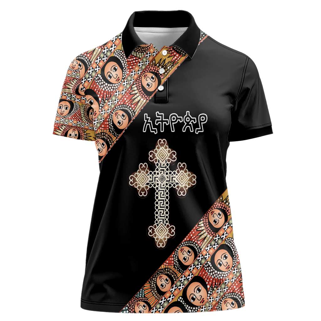 Personalized Ethiopian Orthodox Church Angel Women Polo Shirt Black Color