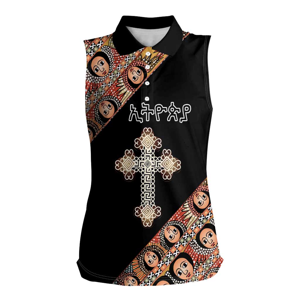 Personalized Ethiopian Orthodox Church Angel Women Sleeveless Polo Shirt Black Color