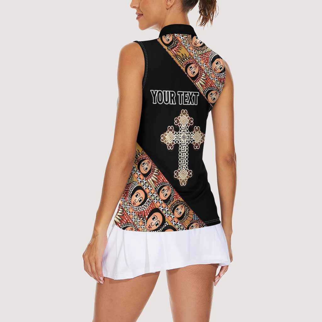 Personalized Ethiopian Orthodox Church Angel Women Sleeveless Polo Shirt Black Color