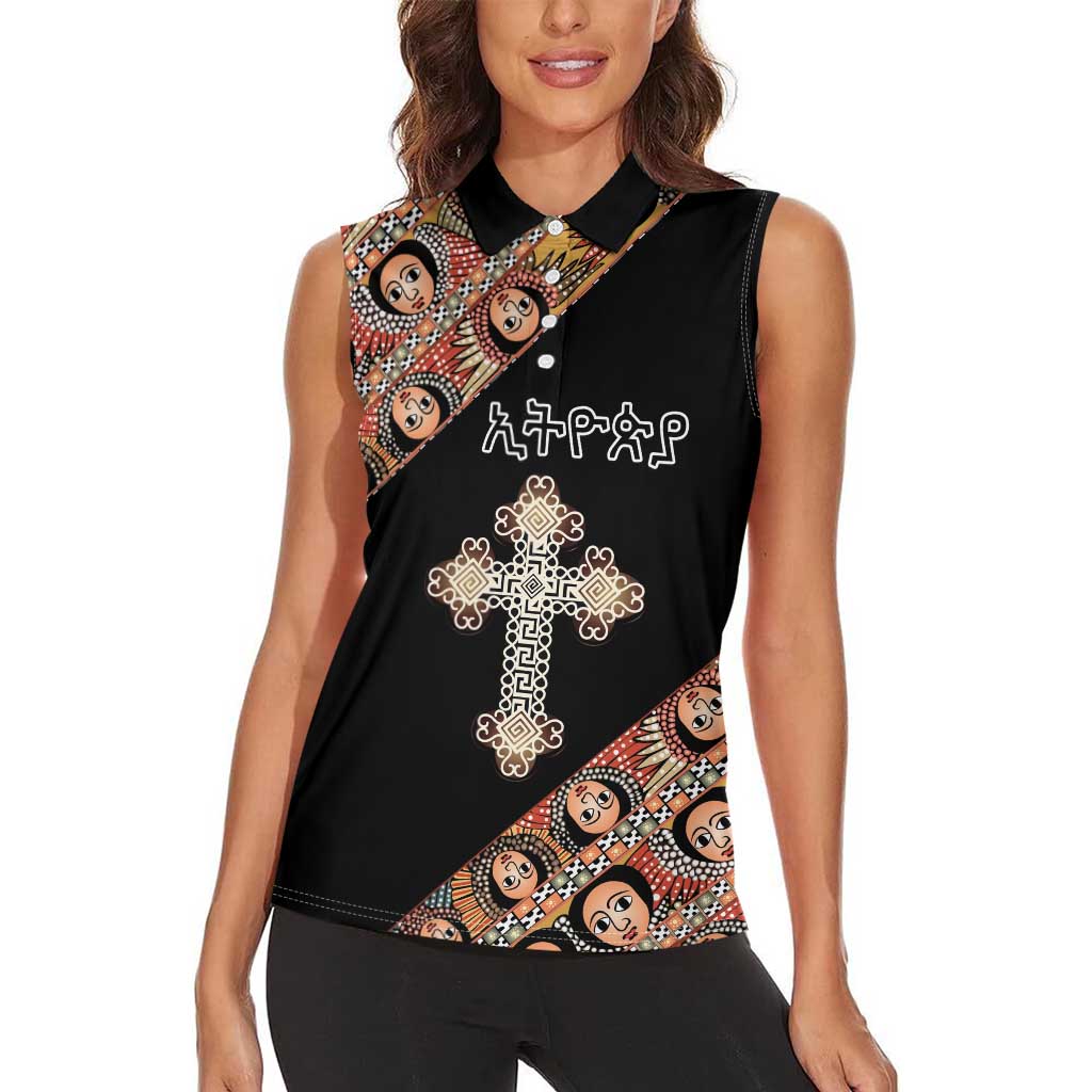 Personalized Ethiopian Orthodox Church Angel Women Sleeveless Polo Shirt Black Color