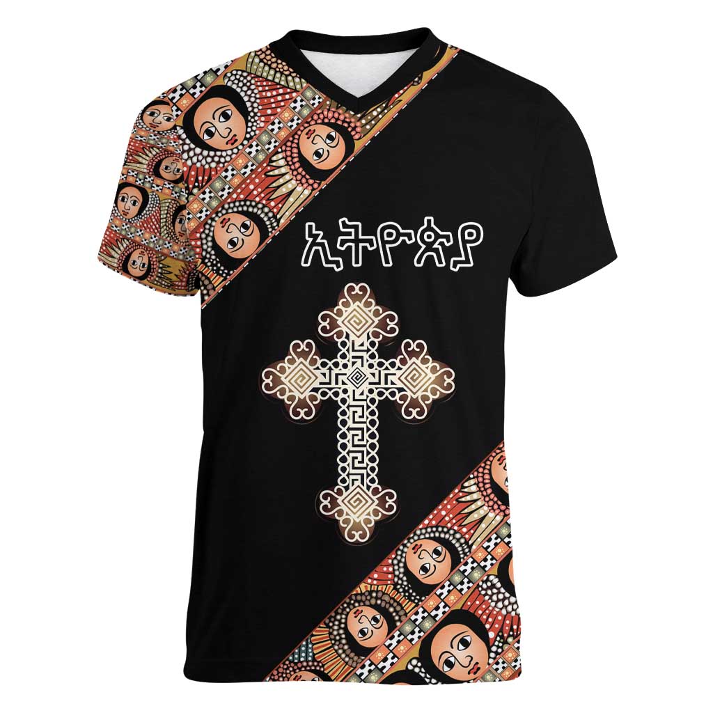 Personalized Ethiopian Orthodox Church Angel Women V-Neck T-Shirt Black Color