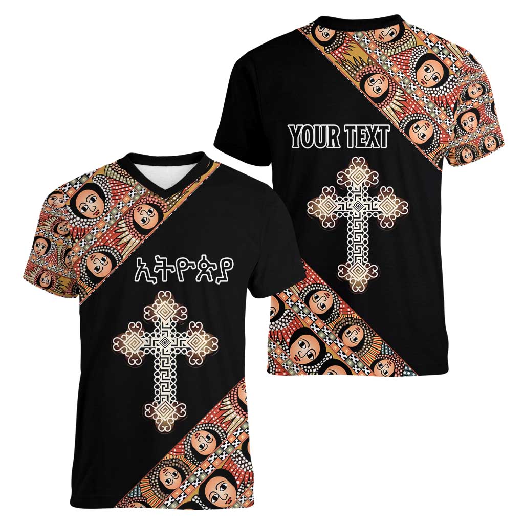 Personalized Ethiopian Orthodox Church Angel Women V-Neck T-Shirt Black Color