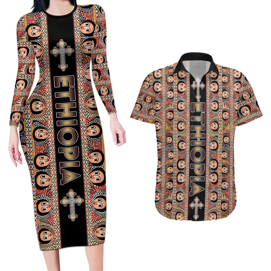 Personalized Ethiopian Tewahedo Angel Orthodox Couples Matching Long Sleeve Bodycon Dress and Hawaiian Shirt Black Color