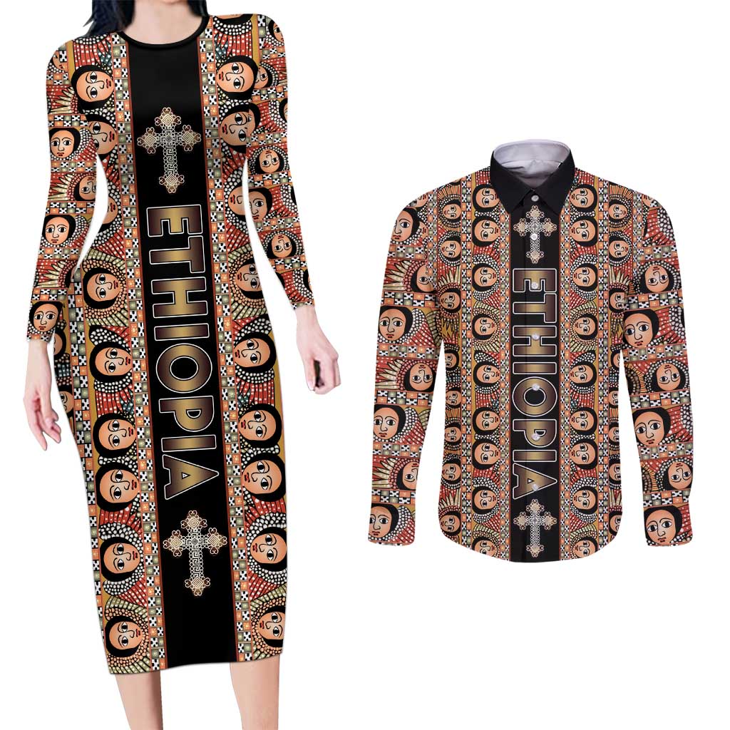Personalized Ethiopian Tewahedo Angel Orthodox Couples Matching Long Sleeve Bodycon Dress and Long Sleeve Button Shirt Black Color