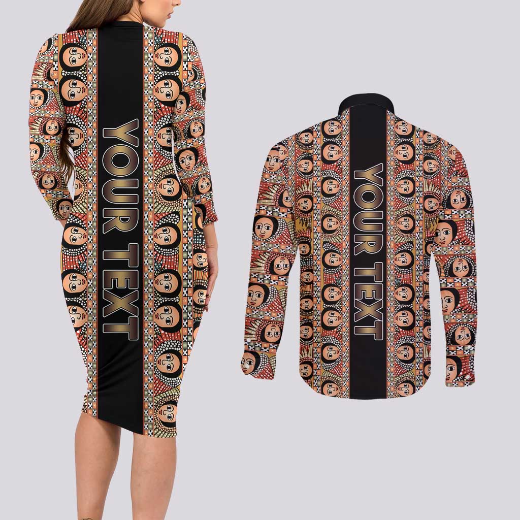 Personalized Ethiopian Tewahedo Angel Orthodox Couples Matching Long Sleeve Bodycon Dress and Long Sleeve Button Shirt Black Color