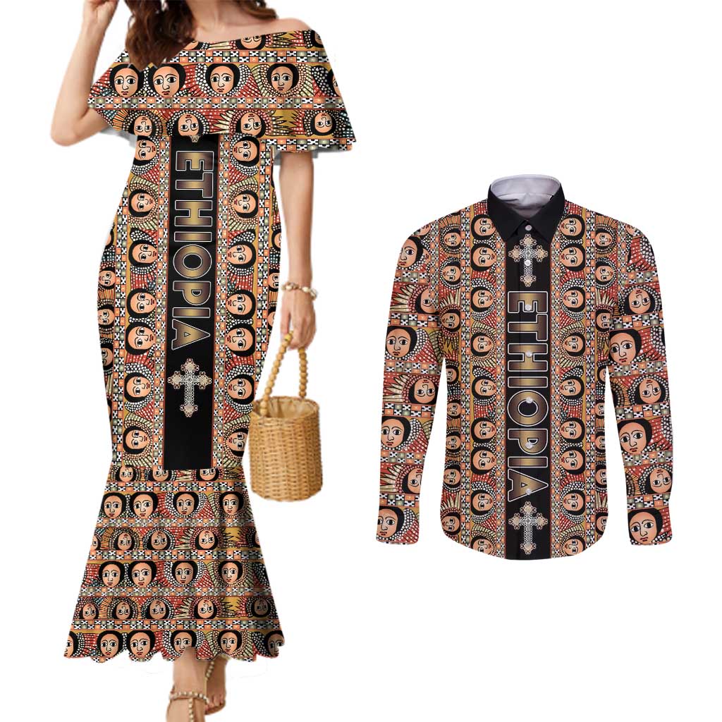 Personalized Ethiopian Tewahedo Angel Orthodox Couples Matching Mermaid Dress and Long Sleeve Button Shirt Black Color