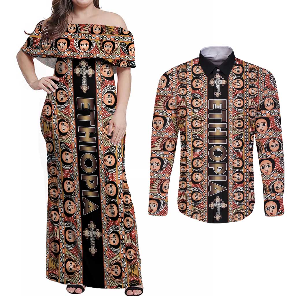 Personalized Ethiopian Tewahedo Angel Orthodox Couples Matching Off Shoulder Maxi Dress and Long Sleeve Button Shirt Black Color