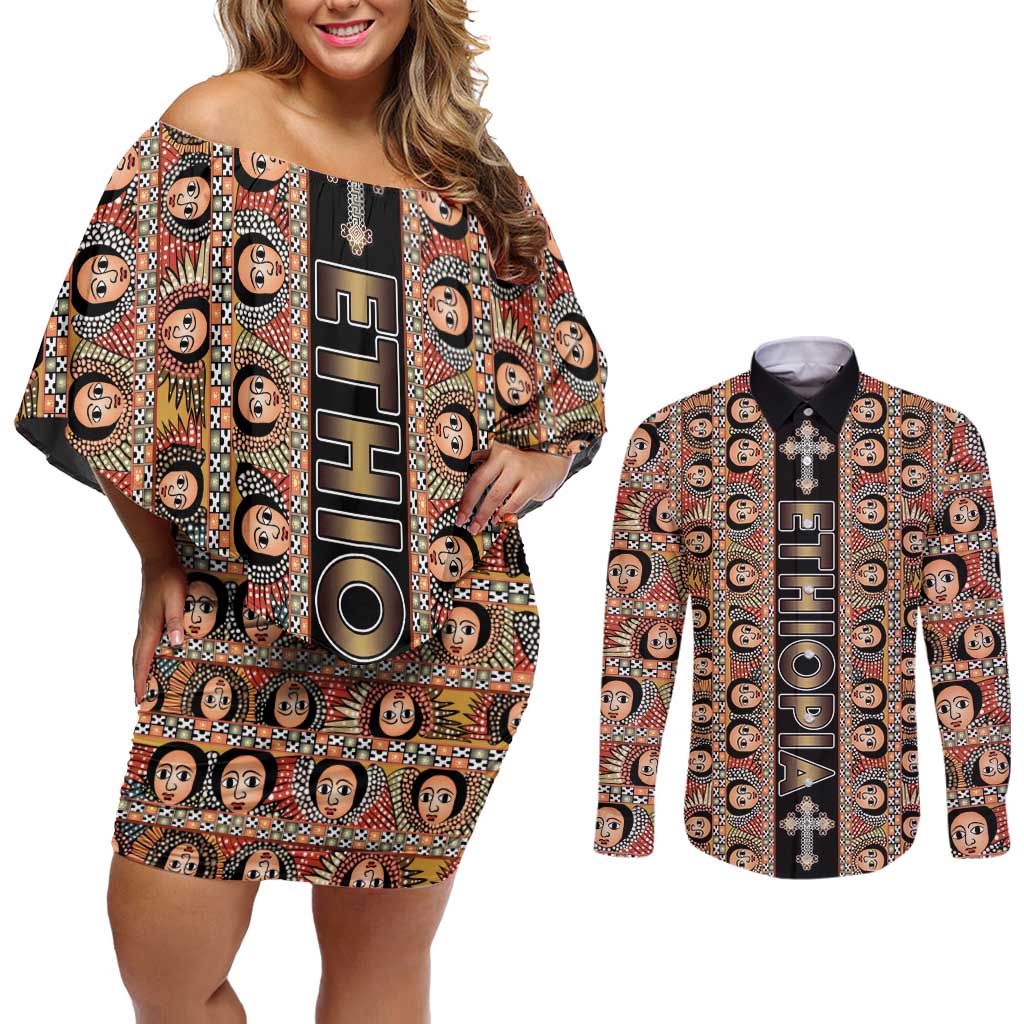Personalized Ethiopian Tewahedo Angel Orthodox Couples Matching Off Shoulder Short Dress and Long Sleeve Button Shirt Black Color