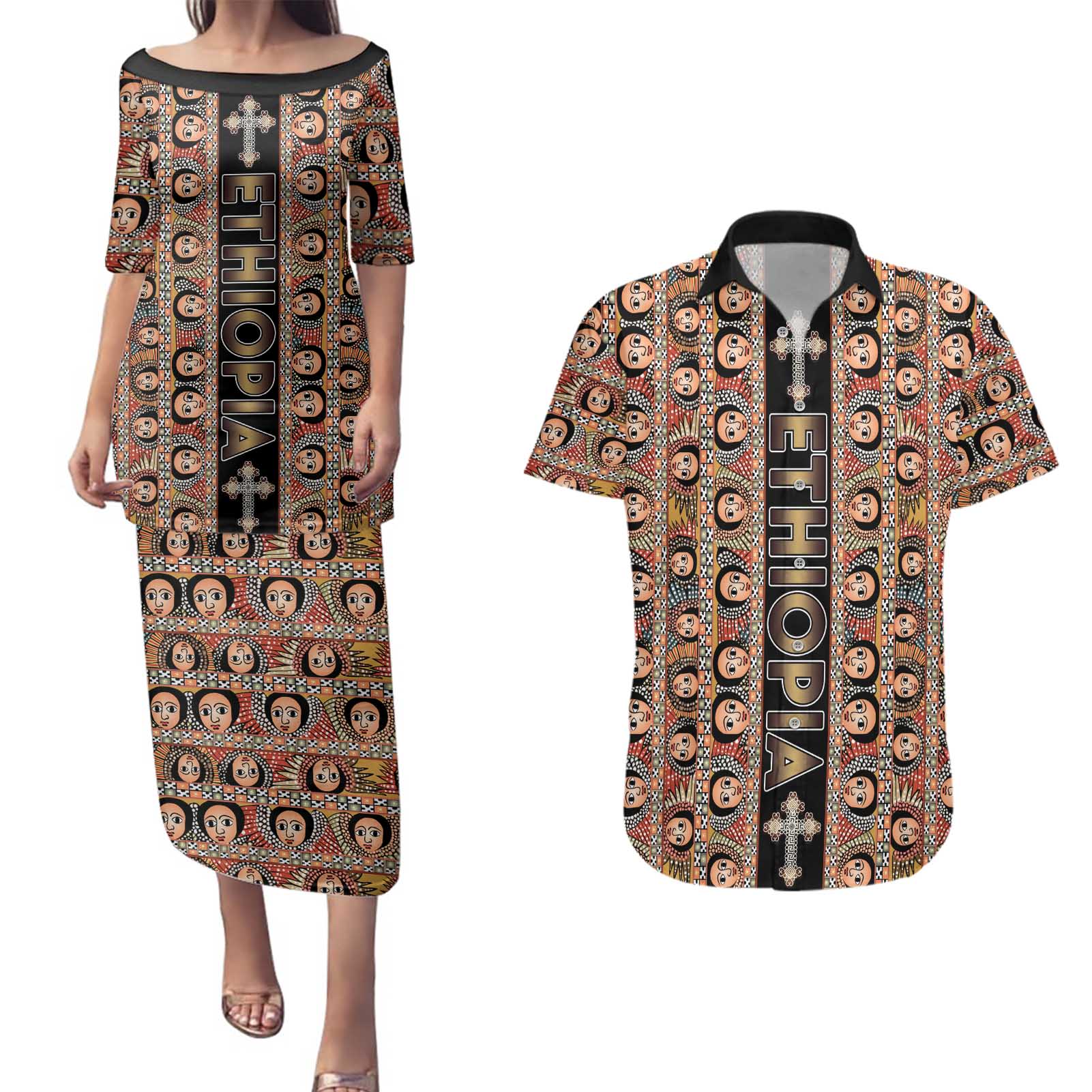 Personalized Ethiopian Tewahedo Angel Orthodox Couples Matching Puletasi and Hawaiian Shirt Black Color