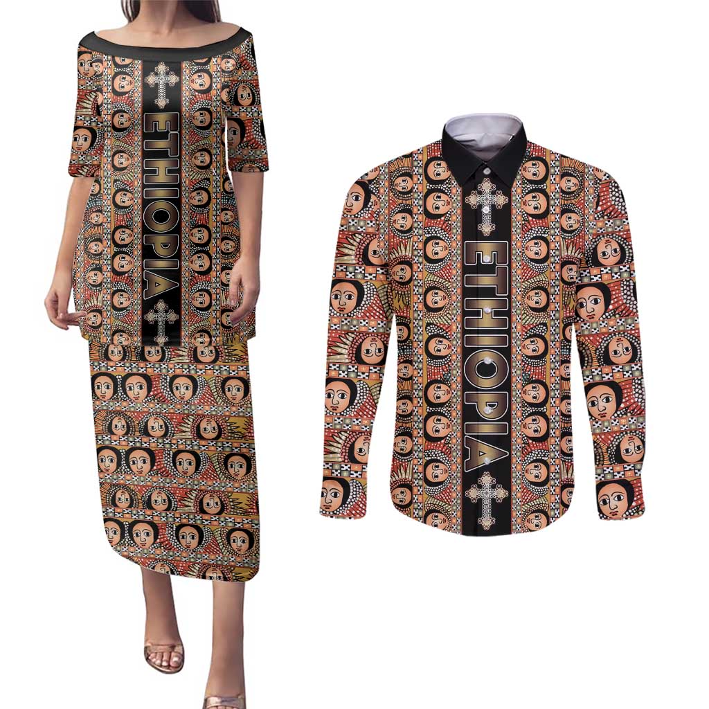 Personalized Ethiopian Tewahedo Angel Orthodox Couples Matching Puletasi and Long Sleeve Button Shirt Black Color