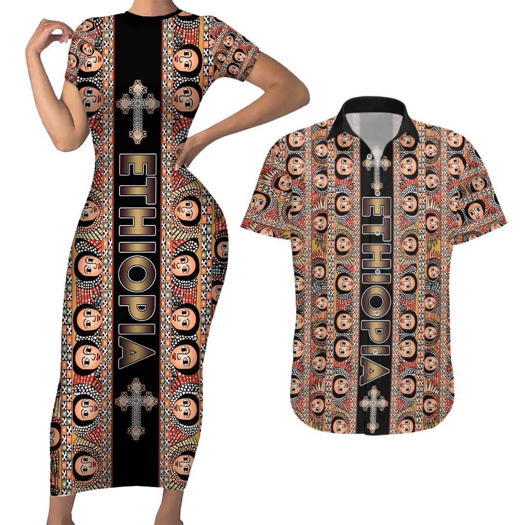 Personalized Ethiopian Tewahedo Angel Orthodox Couples Matching Short Sleeve Bodycon Dress and Hawaiian Shirt Black Color